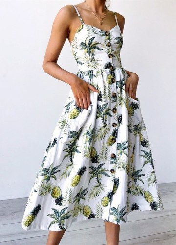 

Women Skater Dress Floral Spaghetti Straps Sleeveless Buttons A-Line Midi Dress