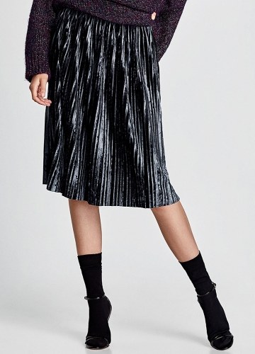 

Women Skirt Velvet Pleated Contrast Sporty Stripes Elastic High Waist Midi Skirt