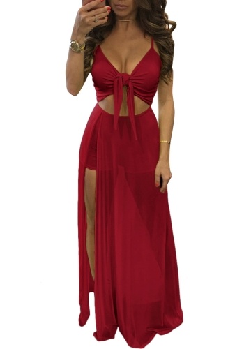 

Women Sleeveless Bodycon Dress See Through Mesh High Slit Club Maxi Dress