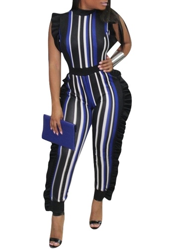 

Women Bodycon Striped Jumpsuit Ruffle Sleeveless Zip Slim Romper Body Suits