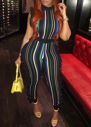

Женщины Bodycon Полосатый комбинезон Ruffle без рукавов Zip Slim Romper Body Suits