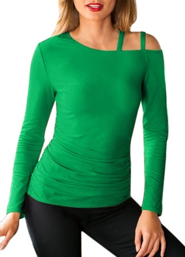

Women Cutout Shoulder T-Shirt Solid Color Long Sleeve Strap Top Tee Shirt