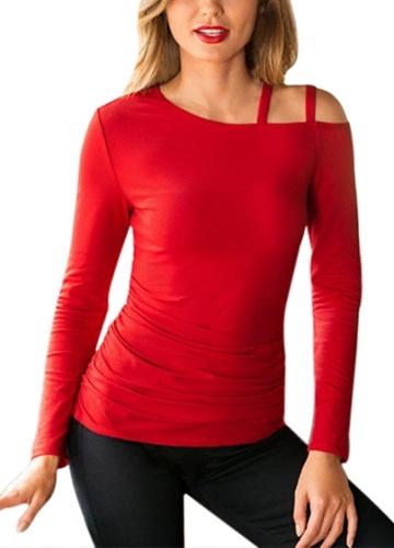 

Women Cutout Shoulder T-Shirt Solid Color Long Sleeve Strap Top Tee Shirt
