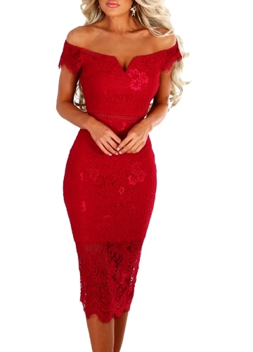 

Women Bodycon Lace Dress Short Sleeve Back Zipper Clubwear Party Midi Dress