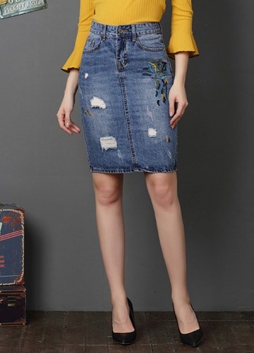 

Women Ripped Denim Skirt Embroidery Jean Mini Skirt Split Washed Pencil Skirt