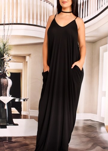 

Бохо без рукавов V Шея Твердая Сарафан Pocket Loose Maxi Dress