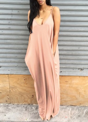 

Boho Sleeveless V Neck Solid Sundress Pocket Loose Maxi Dress