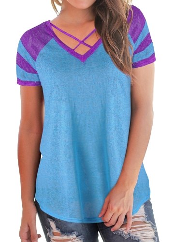 

Colorblock Criss Cross Strap V Neck Short Sleeve Contrast Stripes Long Casual Tops