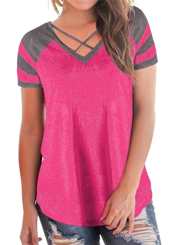 

Colorblock Criss Cross Strap V Neck Short Sleeve Contrast Stripes Long Casual Tops