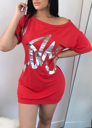 

Off Shoulder Asymmetric Neck Contrast Letters Love Mini Tee Dress