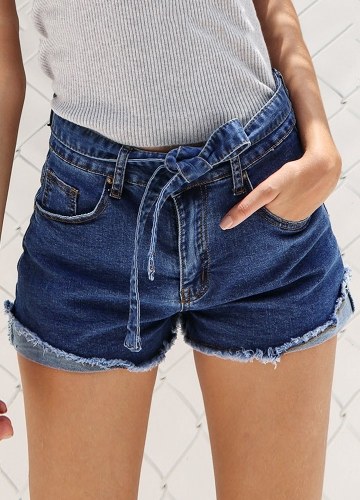 

Denim Solid High Waist Bow Belt Casual Short Jeans