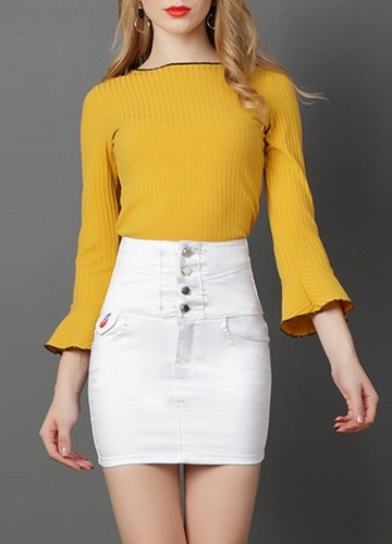 

Denim High Waist Embroidery Button Solid Slim Bodycon Mini Skirt