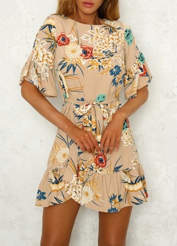 

Floral Print Ruffles Half Sleeve Casual Slim Ladies Dress