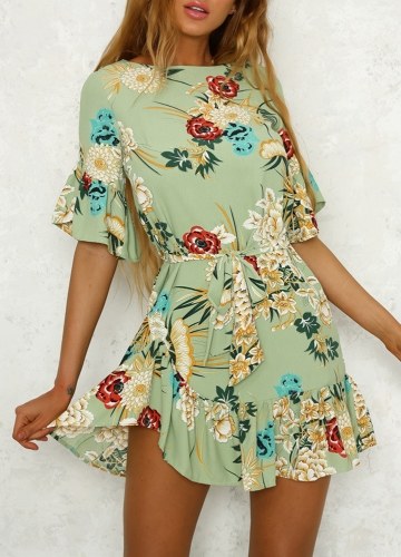 

Floral Print Ruffles Half Sleeve Casual Slim Ladies Dress