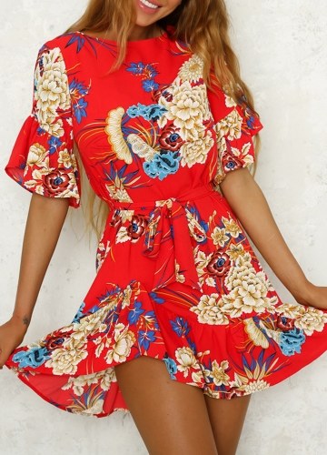 

Floral Print Ruffles Half Sleeve Casual Slim Ladies Dress