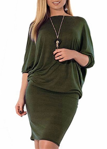 

Plus Size Solid O Neck Batwing Sleeve Mini Dress