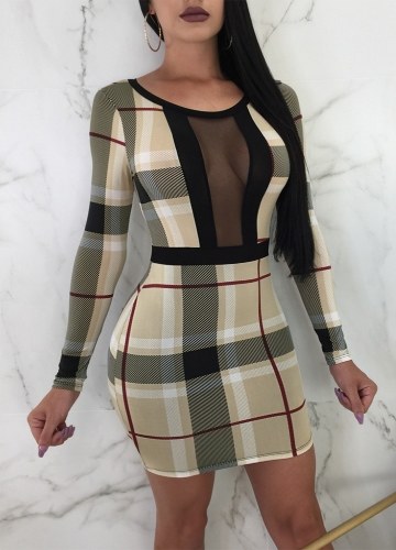 

Plaids Print Cut Out Mesh Front Long Sleeves Dress