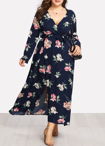 

Plus Size Floral V Neck Belt Dress