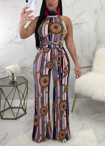 

Bodycon Halter Chain Stripe Bandage Streetwear Backless Jumpsuit