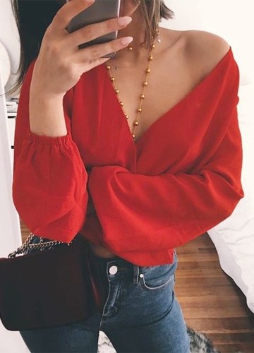 

Tie-Back Deep V Neck Long Sleeve Sexy Cutout Shirt Crop Tops