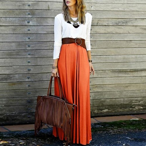 

Women Cotton Casual Maxi Dress Spliced Criss-Cross Long Sleeve Pleated Long Dress