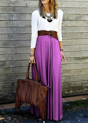 Women Cotton Casual Maxi Dress Spliced Criss-Cross Long Sleeve Pleated Long Dress