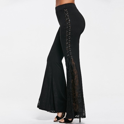 

Lace Flared Pants Lace-Up Bandage High Waist Solid Bell Bottom Long Trousers