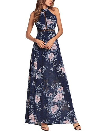 

Chiffon Floral Print Halter Sleeveless Split Backless High Waist Elegant Gown Dress