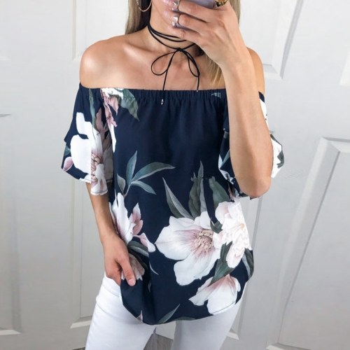 

Off-the-Shoulder Slash Neck Floral Print Ruffled Sleeve Asymmetry Blouse