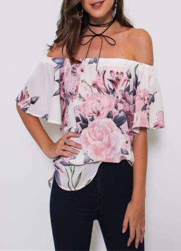 

Off-the-Shoulder Slash Neck Floral Print Ruffled Sleeve Asymmetry Blouse