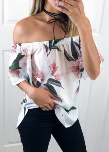 

Off-the-Shoulder Slash Neck Floral Print Ruffled Sleeve Asymmetry Blouse