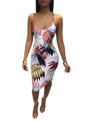 Leaves Print Spaghetti Strap Cross Backless Dress