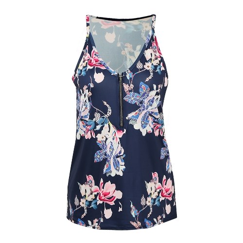 

loral Sleeveless Top Deep V-Neck Zip Front Elegant Strappy Blouse