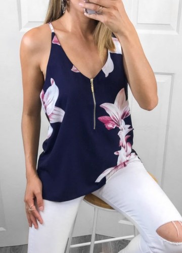 

loral Sleeveless Top Deep V-Neck Zip Front Elegant Strappy Blouse