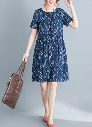 

Fresh Print O-Neck Short Sleeve Casual Loose Mini Dress