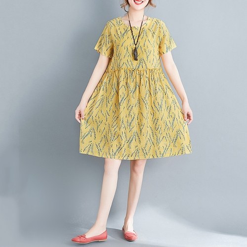 

Fresh Print O-Neck Short Sleeve Casual Loose Mini Dress