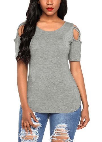 

Cold Shoulder Short Sleeves Cut Out Crisscross Solid Tees Shirts