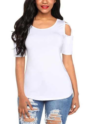 

Cold Shoulder Short Sleeves Cut Out Crisscross Solid Tees Shirts