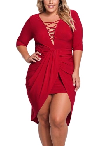 

Плюс Размер Plunge Крест ремень Deep V Шея Half Sleeve Bodycon платье