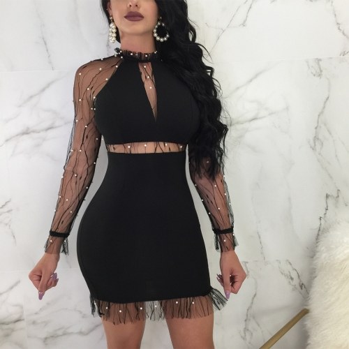 

Mesh Splice Long Sleeves Pearls Ruffled High Neck Mini Dress