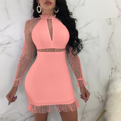 

Mesh Splice Long Sleeves Pearls Ruffled High Neck Mini Dress