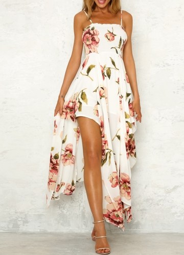 

Floral Shirred Spaghetti Strap Dress High Waist Asymmetric Gown Maxi Dress