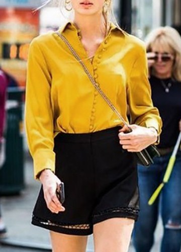 

Solid Turndown Collar Long Sleeve Button Front Casual Blouse