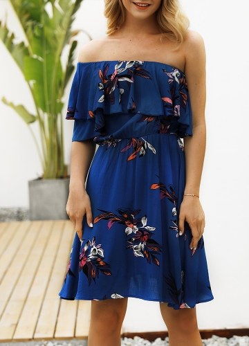 

Boho Floral Ruffle Off the Shoulder Dress Elastic High Waist Mini Dress