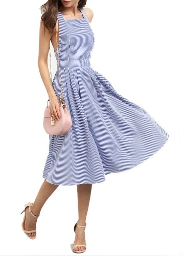 

Полосатая плиссированная квадратная шея без рукавов Backless A-Lined Dress