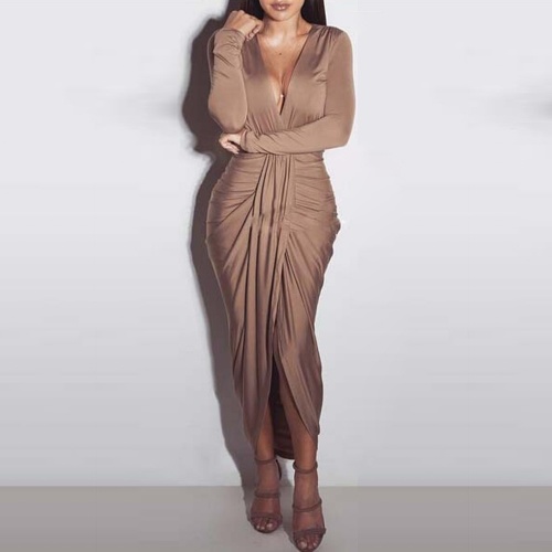 

Solid Deep V Neck Split Ruched Dress Long Sleeve Slim Maxi Dress