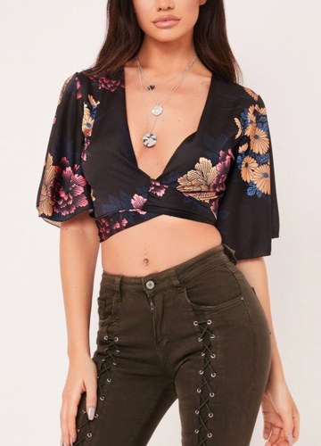 

Cropped Tied Front Kimono Floral Bell Half Sleeves Deep V Neck Casual Blouse