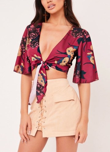 

Cropped Tied Front Kimono Floral Bell Half Sleeves Deep V Neck Casual Blouse