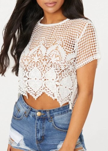 

Crochet Lace Hollow Out O-Neck Short Sleeves Scalloped Blouse