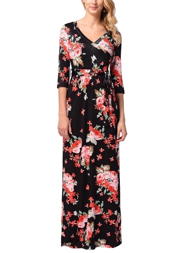 

Women Vintage Floral Half Sleeve Maxi Dress Summer Floor-Length Beach Dress